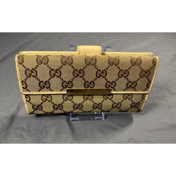 Gucci Monogram Canvas Continental Wallet Beige Brown Leather Trim Snap Closure‎
